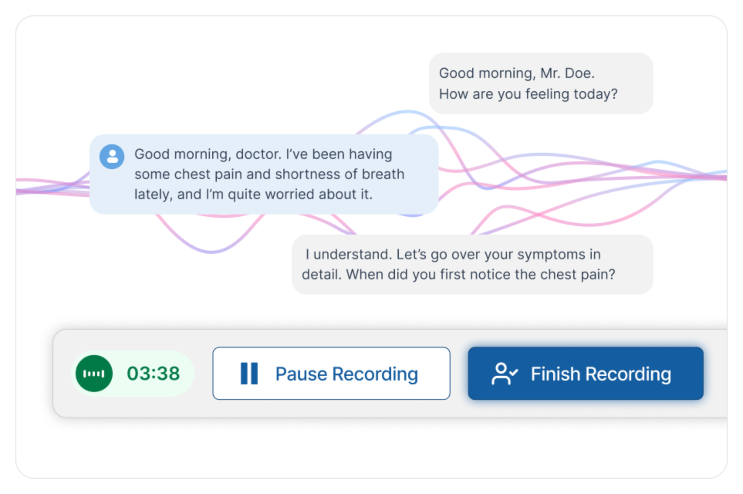 eCareScribe interface showing audio recording and transcription process with interactive dialogue for converting speech into text in real time.