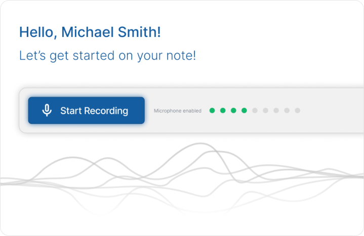 eCareScribe interface showing the Start Recording feature for capturing patient-provider conversations during visits.
