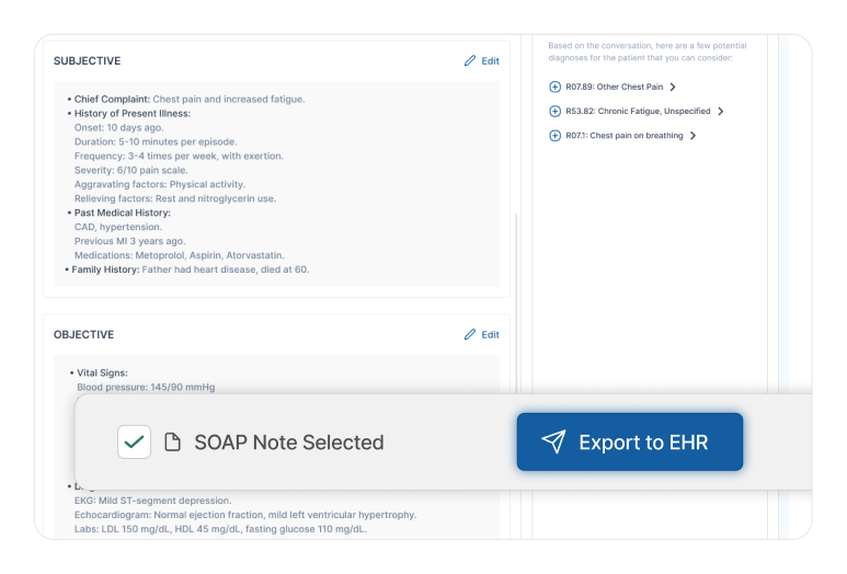 eCareScribe interface showing SOAP notes with options to export transcribed notes securely to EHR systems.